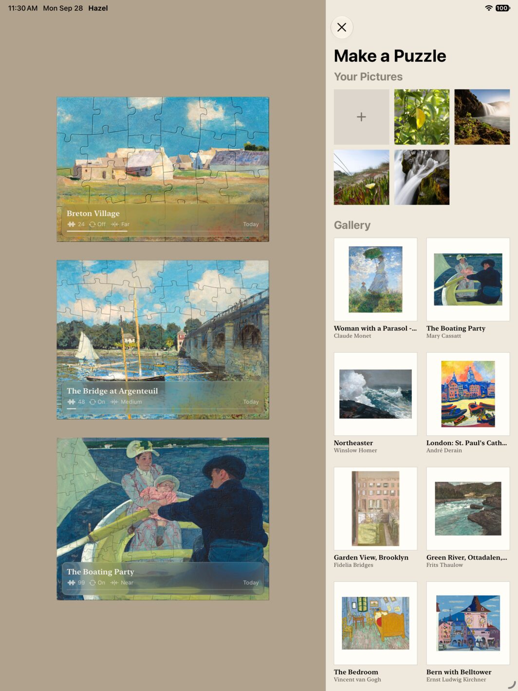 Home on iPad: puzzles in progress down the left, and Make a Puzzle open beside them with your pictures and the gallery.