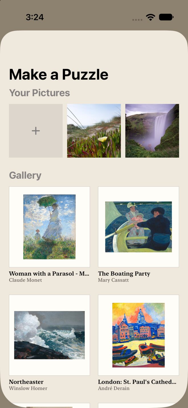 Make a Puzzle on iPhone: your own pictures in a row at the top, then the gallery two across, each painting with its title and artist.