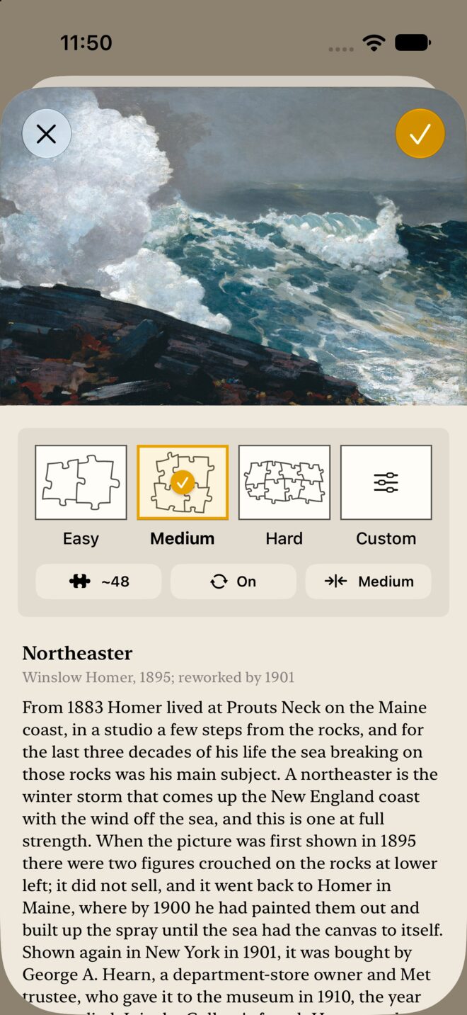 Setting up a puzzle: four difficulty tiles, each drawn with a few pieces from its own cut, with Medium chosen and its piece count, rotation and snap shown underneath, then the painting's title, artist and description.